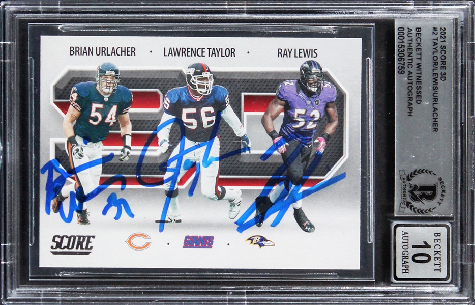 2021 Score 3D #2 Lawrence Taylor, Brian Urlacher, & Ray Lewis Signed Trading Card w/ Gem Mint 10 Auto! (Beckett/BAS Encapsulated)