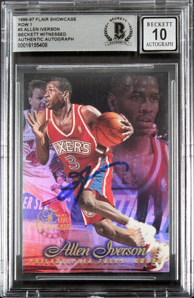 1996 Flair Showcase Row 1 #3 76ers Allen Iverson Signed Rookie Card w/ Gem Mint 10 Auto! (Beckett/BAS Encapsulated)