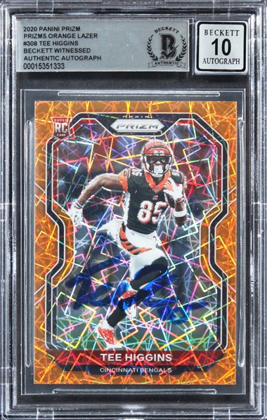 2020 Panini Prizm Orange Lazer #308 Tee Higgins Signed Rookie Cardw/ Gem Mint 10 Auto! (Beckett/BAS Encapsulated)