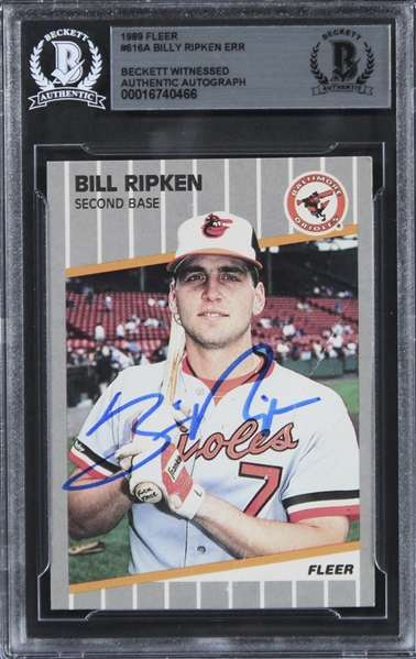 1989 Fleer #616A Orioles Billy Ripken Signed Trading Card (Damaged) (Beckett/BAS Encapsulated)