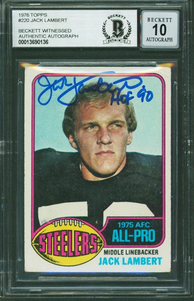 1976 Topps #220 Steelers Jack Lambert "HOF 90" Signed Rookie Card w/ Gem Mint 10 Auto! (Beckett/BAS Encapsulated)