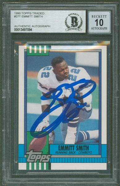 1990 Topps Traded #27T Cowboys Emmitt Smith Signed Rookie Card w/ Gem Mint 10 Auto! (Beckett/BAS Encapsulated)