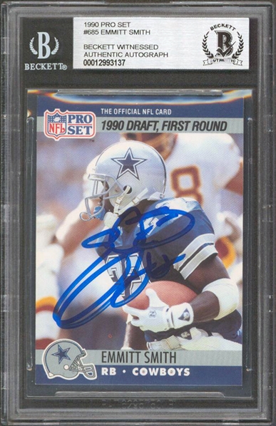 1990 Pro Set #685 Cowboys Emmitt Smith Signed Rookie Card (Beckett/BAS Encapsulated)