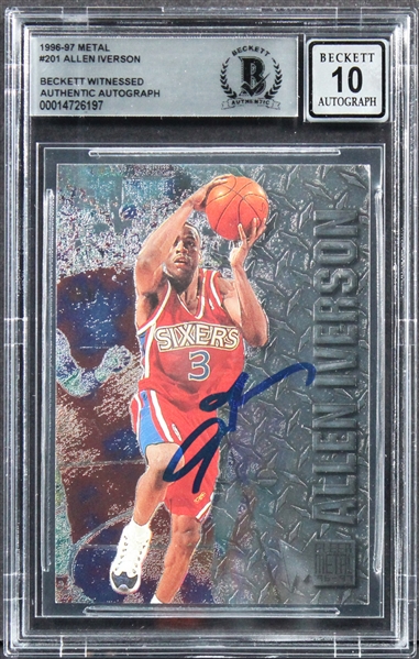 1996 Metal Universe #201 76ers Allen Iverson Signed Rookie Card w/ Gem Mint 10 Auto! (Beckett/BAS Encapsulated)