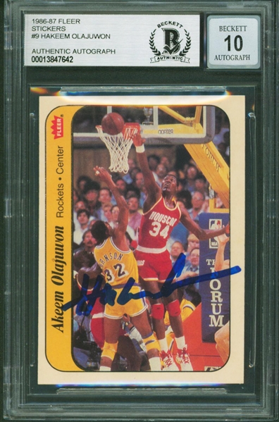 1986 Fleer Stickers #9 Hakeem Olajuwon Signed Card w/ Gem Mint 10 Auto! (Beckett/BAS Encapsulated)