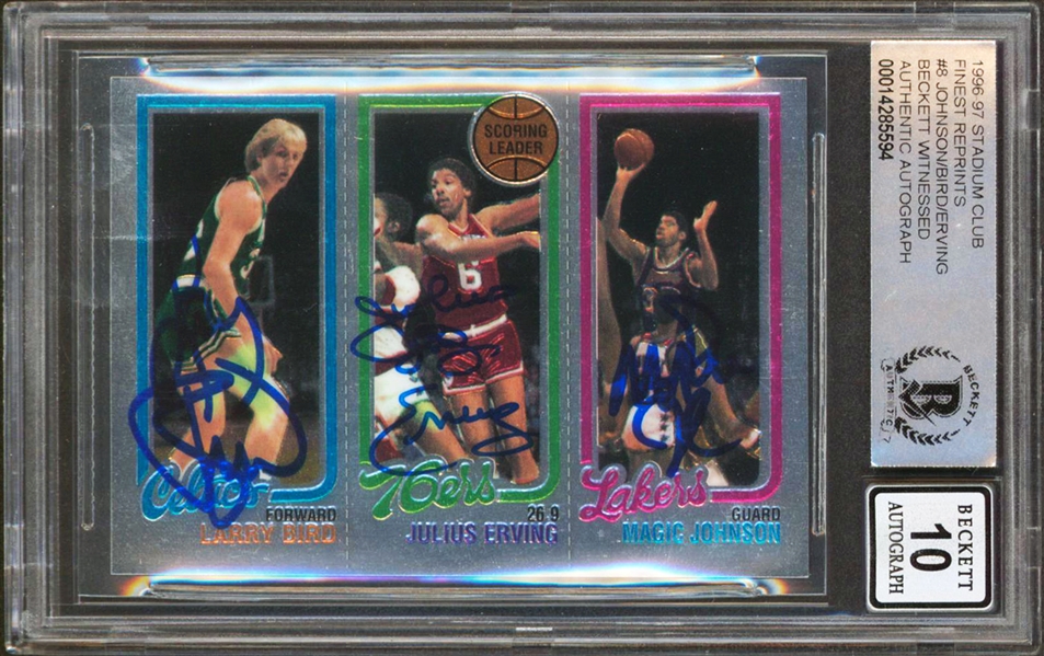 1996 Stadium Club Finest Bird, Erving & Magic Signed Card Autos 10! (Beckett/BAS Encapsulated)