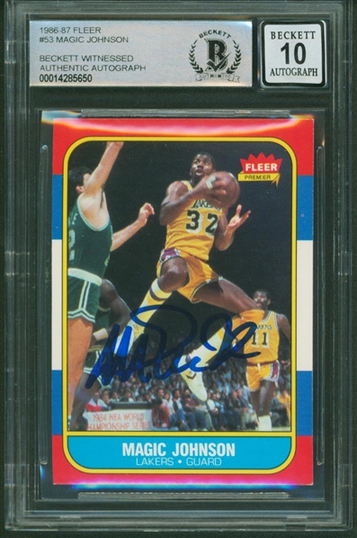 1986 Fleer #53 Lakers Magic Johnson Signed Trading Card w/ Gem Mint 10 Auto! (Beckett/BAS Encapsulated)