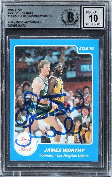 1986 Star BOTB #15 Larry Bird & James Worthy Signed Trading Card w/ Gem Mint 10 Auto! (Beckett/BAS Encapsulated)