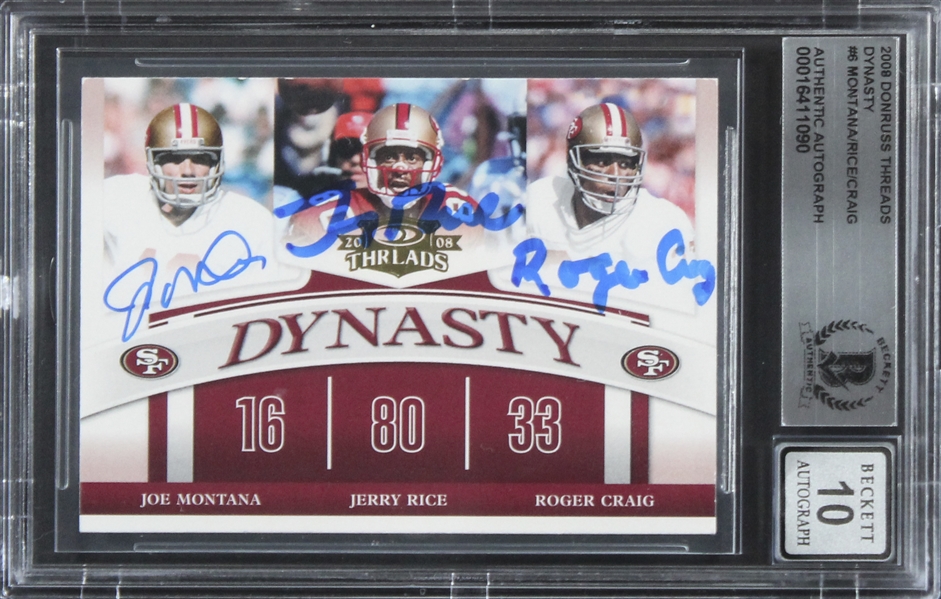 2008 Donruss Threads #6 Joe Montana, Jerry Rice & Roger Craig Signed Card w/ Gem Mint 10 Auto! (Beckett/BAS Encapsulated)