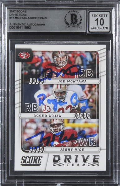 2017 Score DT #17 Joe Montana, Jerry Rice & Roger Craig Signed Card w/ Gem Mint 10 Auto! (Beckett/BAS Encapsulated)