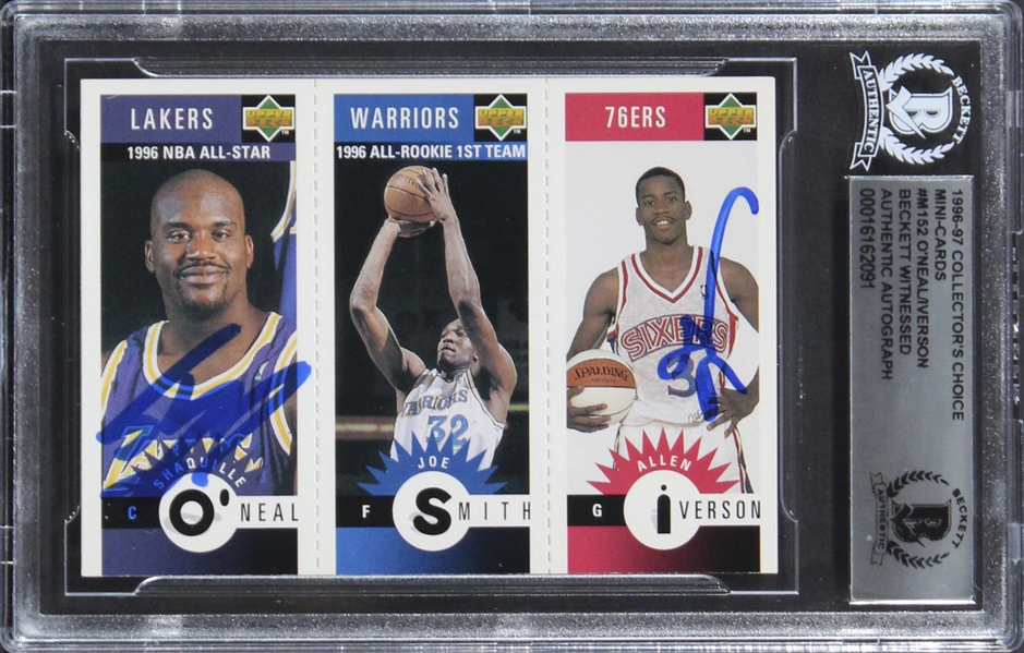 1996 CC Mini-Cards #M152 Shaquille ONeal & Allen Iverson Signed Card  (Beckett/BAS Encapsulated)