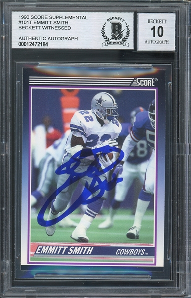 1990 Score #101T RC Cowboys Emmitt Smith Signed Card Auto Graded 10!  (Beckett/BAS Encapsulated)