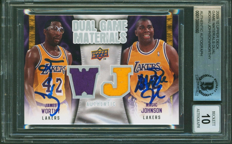 2009 UD Game Mat DGWJ Magic Johnson & James Worthy Signed Card w/ Gem Mint 10 Auto! (Beckett/BAS Encapsulated)