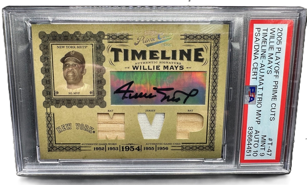 2005 Playoff Prime Cuts Timeline MVP Trio Bat/Jersey/Bat Willie Mays Signed 10 Trading Card - PSA MINT 9  (PSA Encapsulated)