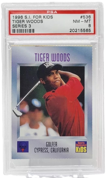 1996 Sports Illustrated For Kids (S.I. For Kids) Tiger Woods Rookie Card Insert PSA NM-MT 8  (PSA Encapsulated)