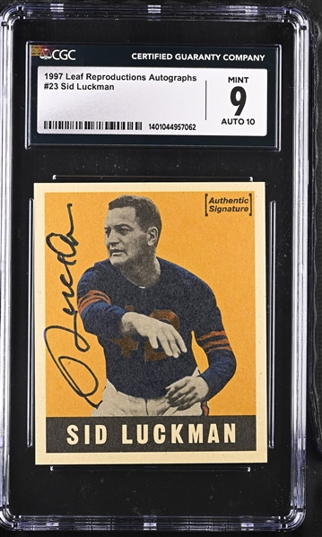 1997 Leaf Autographs 23 Sid Luckman Parallel-Graded Mint 9/Auto 10 (CGC Encapsulated) 