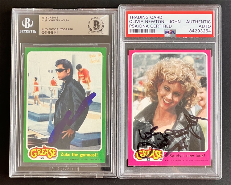 1978 Grease: John Travolta & Olivia Newton-John Lot of Two Signed Trading Cards (Beckett/BAS & PSA/DNA Encapsulated)