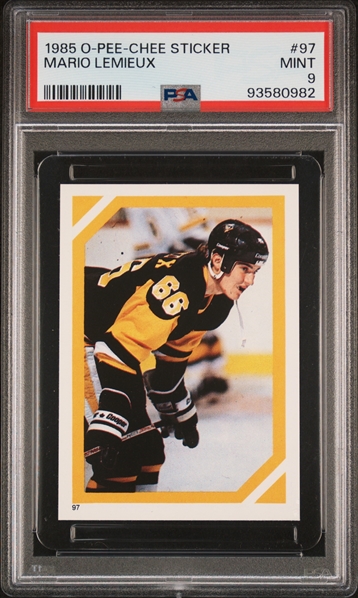 1985 O-Pee-Chee Stickers Mario Lemieux #97 Rookie Card PSA MINT 9 w/ Only 8 Higher! (PSA Encapsulated)