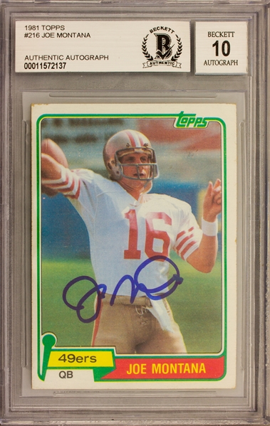 1981 Topps #216 Joe Montana Signed Rookie Trading Card w/ Gem Mint 10 Auto!  (BAS Encapsulated)