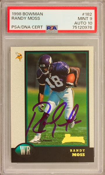 1998 Bowman #182 Rookie Randy Moss Signed Trading Card w/ Mint 9 and Gem Mint 10 Grades!  (PSA Encapsulated)