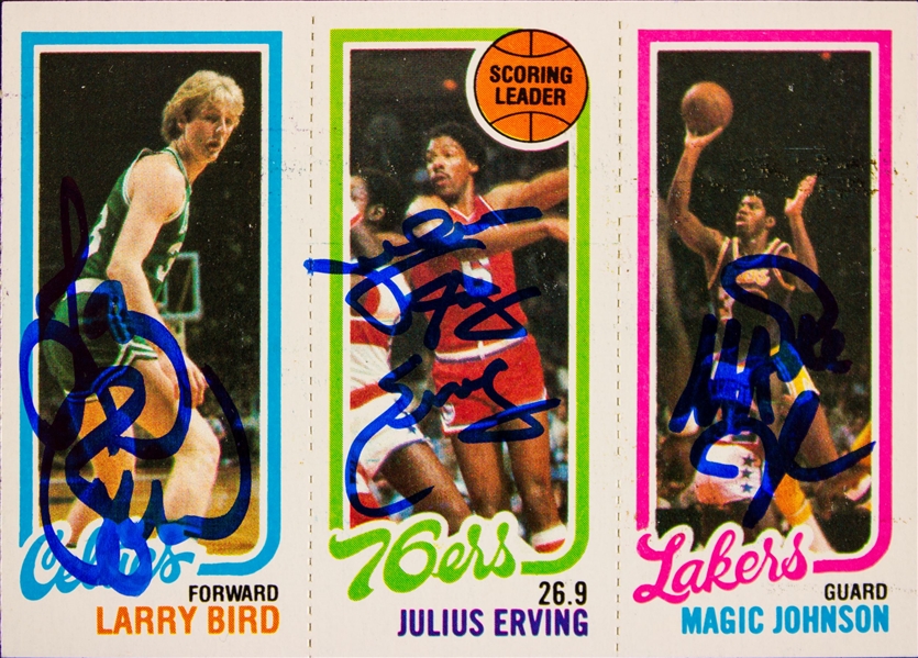 1980 Topps Scoring Leaders Trading Card Bird, Erving & Johnson Signed w/ Gem Mint 10 Autos! (Magic & Bird Rookie)(Beckett/BAS LOA)