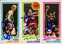 1980 Topps Scoring Leaders Trading Card Bird, Erving & Johnson Signed w/ Gem Mint 10 Autos! (Magic & Bird Rookie)(Beckett/BAS LOA)