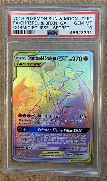 2019 Pokemon Sun & Moon Cosmic Eclipse Secret Full Art Charizard & Braixen GX #251 PSA 10 (PSA Encapsulated)