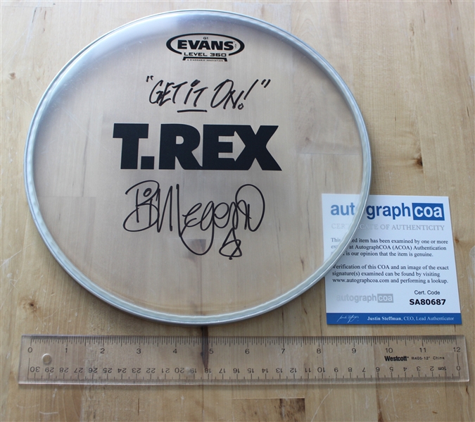 T. Rex : Rare Bill Legend Signed Drumhead and Drumstick (ACOA)