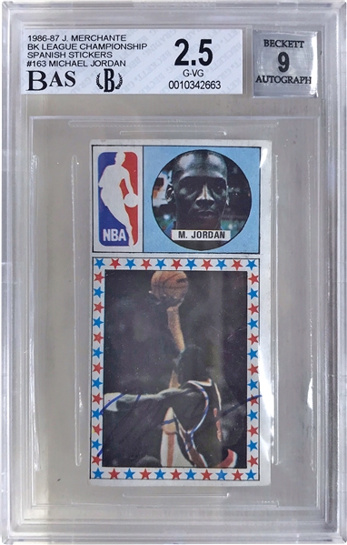 1986-87 J. Merchante Spanish Basketball Sticker Michael Jordan Signed (UDA) BGS G-VG 2.5 with MINT 9 Auto (BGS Encapsulated)