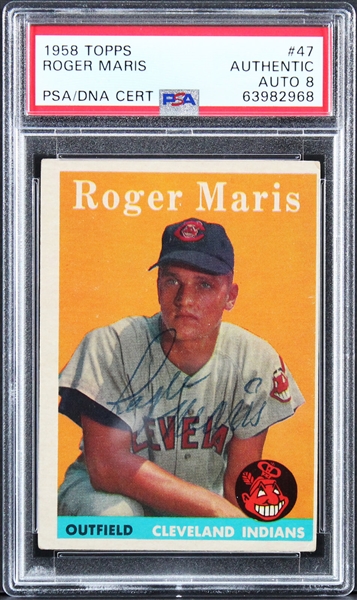 Roger Maris Signed 1958 Topps Rookie Card with NM-MT 8 Autograph (PSA/DNA Encapsulated)