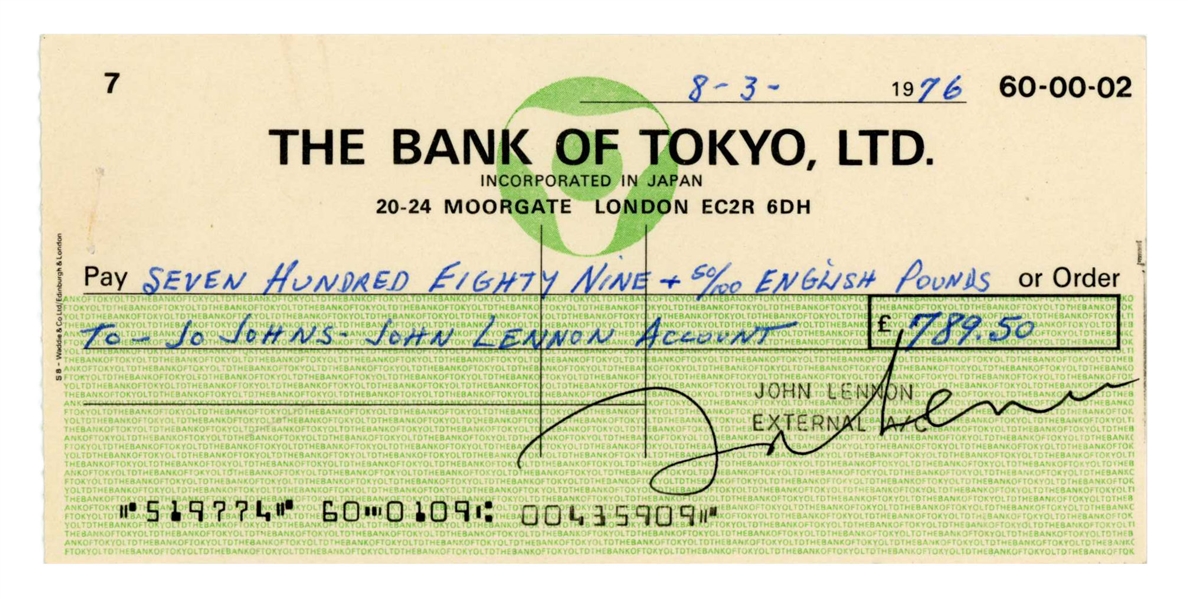 The Beatles: Incredibly Rare John Lennon Signed 1976 Bank of Tokyo Check (Tracks LOA)