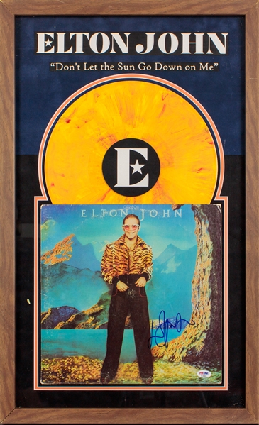 Elton John Signed Caribou Album Cover in Framed Display w/ Yellow & Red Marbled Vinyl (PSA/DNA)