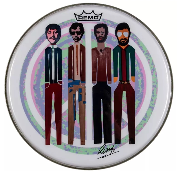 The Beatles: Ringo Starr Signed Custom "4 Wood Men" 14" Drumhead w/ Gem Mint 10 Auto! (PSA/DNA LOA)