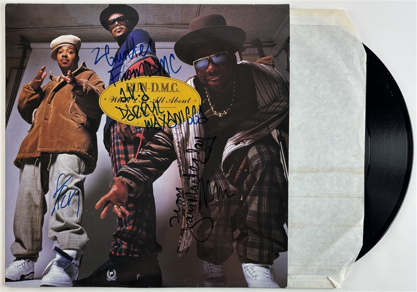 Run DMC : Group Signed "Whats It All About" Album Cover w/ Vinyl (Beckett/BAS)