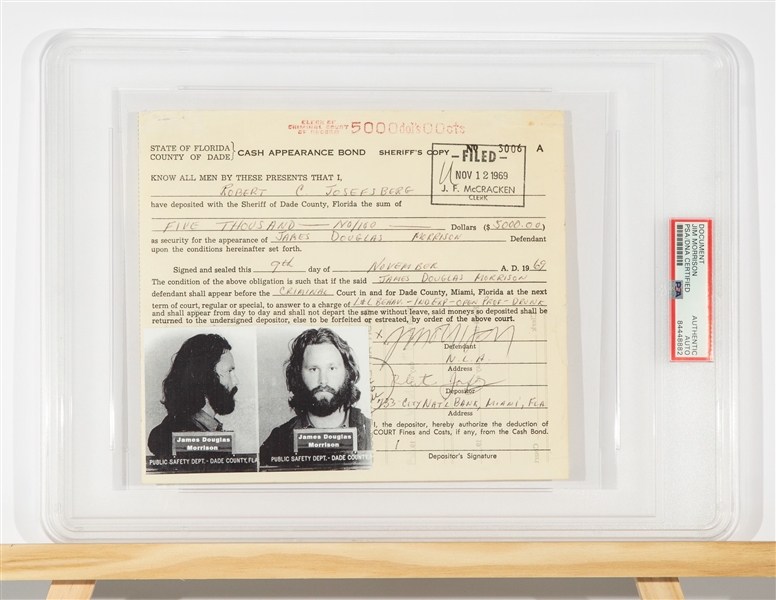 The Doors: Jim Morrison Signed Bail Bond Document for Historic 1969 Miami Concert Arrest (PSA/DNA Encapsulated)