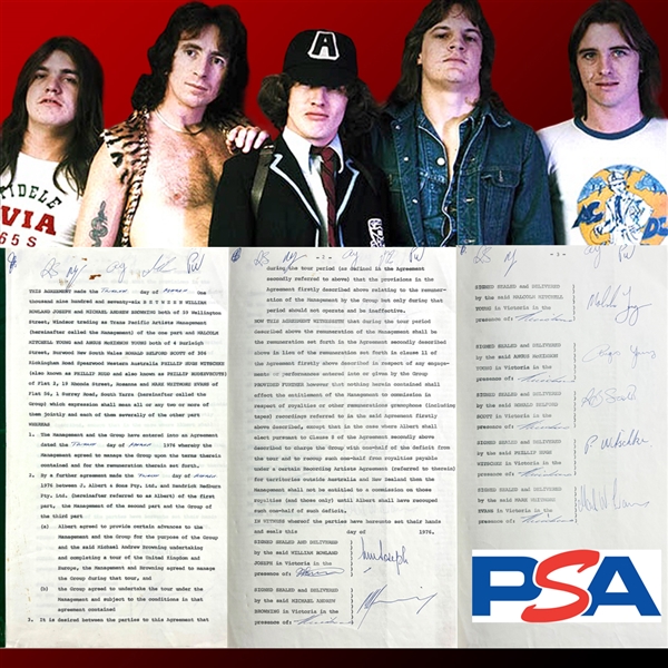 AC/DC Incredible Vintage Signed 1976 Management Agreement with Legal Signatures - On Heels of 1976-77 High Voltage Tour! (PSA/DNA LOA)