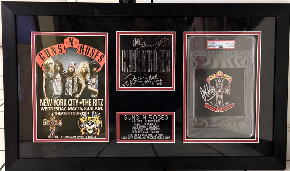 Guns N Roses Group Signed Memorabilia in Framed Display (5 Sigs)(PSA/DNA Encapsulated & LOA)