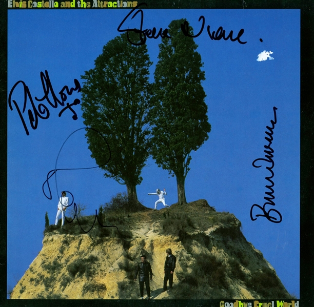 Elvis Costello & The Attractions Group Signed "Goodbye Cruel World" Album Cover (4 Sigs)(ACOA)