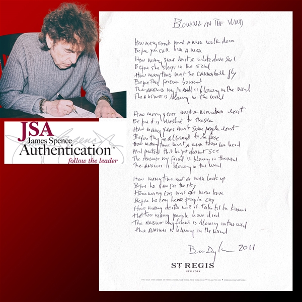 Bob Dylan “Blowin’ In The Wind” Handwritten and Signed Lyrics (JSA & Dylan Manager Jeff Rosen LOAs)