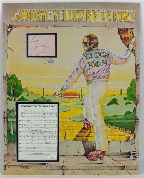 Elton John Signed Cut and Bernie Taupin Signed"Goodbye Yellow Brick Road Lyrics"  Custom Matted Display (JSA)