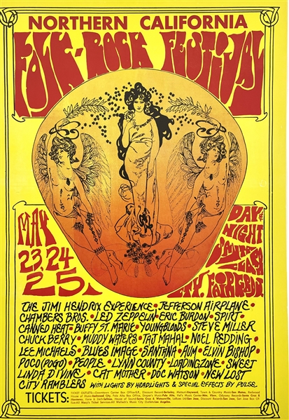 Jimi Hendrix and Led Zeppelin 1969 Northern California Folk-Rock Festival Poster