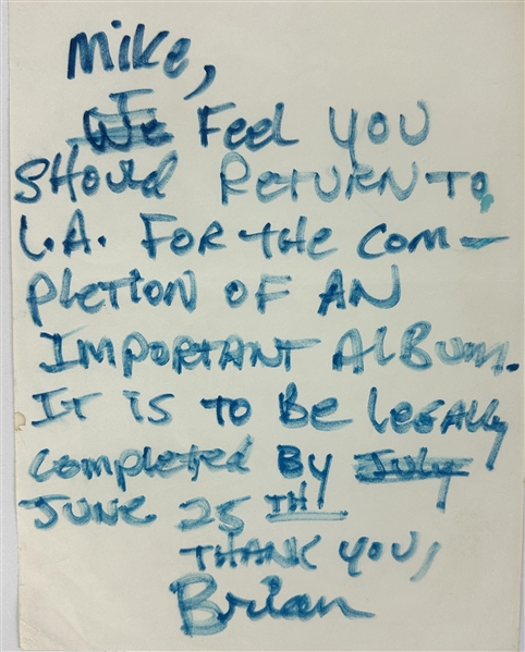 Beach Boys: Brian Wilson RARE Handwritten Letter to Mike Love with Great Content RE: Legal Obligations for An Album (Beckett/BAS LOA)