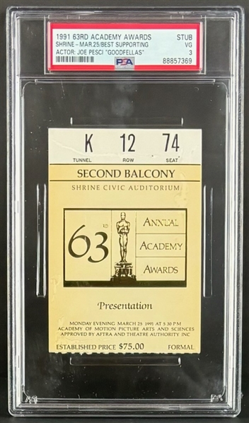 1991 63rd Academy Awards Ticket Stub - Iconic Piece of Hollywood History (PSA/DNA Encapsulated)