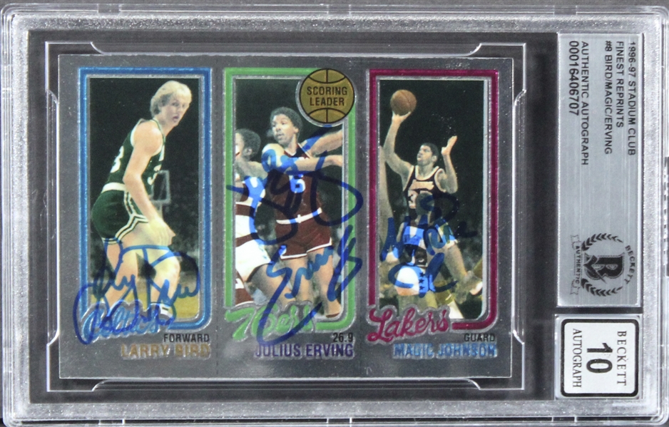 Magic Johnson, Julius Erving & Larry Bird Signed 1996-97 Stadium Club Finest with GEM MINT 10 Autographs (Beckett/BAS Encapsulated)