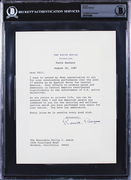 President Ronald Reagan Signed Letter as President on White House Letterhead (1987)(Beckett/BAS Encapsulated)