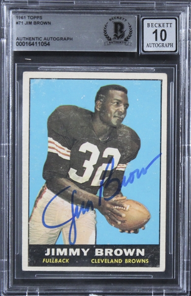 Jim Brown Signed 1961 Topps #71 Football Card with GEM MINT 10 Autograph (Beckett/BAS Encapsulated)