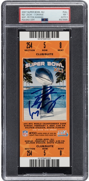 Peyton Manning Signed Super Bowl XLI Game Ticket with MINT 9 Autograph (PSA/DNA Encapsulated)