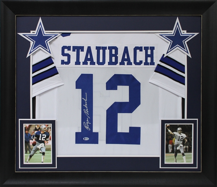 Roger Staubach Signed Cowboys Jersey in Custom Framed Display (Beckett/BAS)