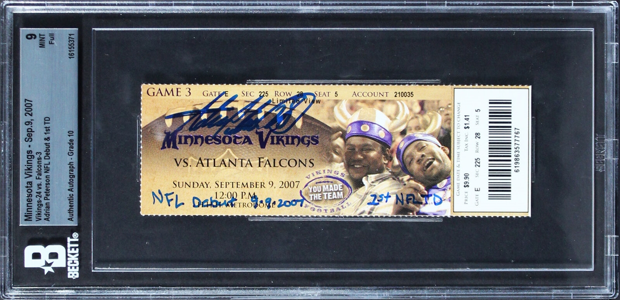 Adrian Peterson Signed & Inscribed 2007 Ticket to NFL Debut & 1st NFL Touchdown with GEM MINT 10 Autograph (Beckett/BAS MINT 9)