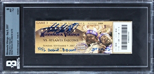 Adrian Peterson Signed & Inscribed 2007 Ticket to NFL Debut & 1st NFL Touchdown with GEM MINT 10 Autograph (Beckett/BAS MINT 9)